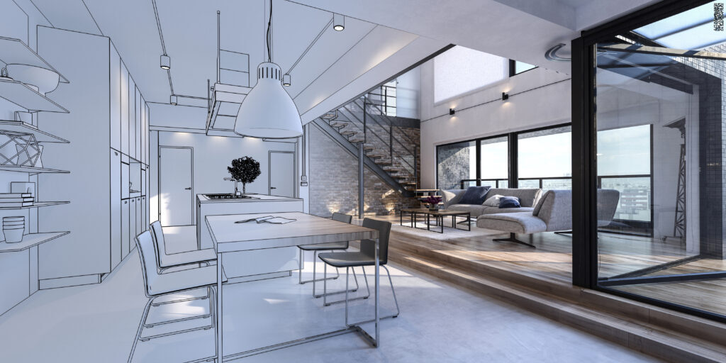 Design mockup half in white and half in color of luxury house interior with open plan living room and dining area with furnishing. 3d render